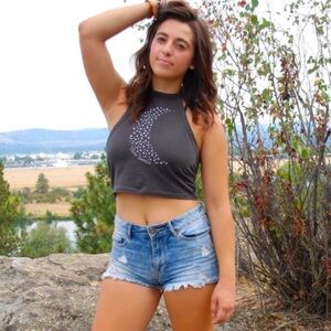 Gypsy Warrior Charcoal Gray Halter Crop Top W Moon Design